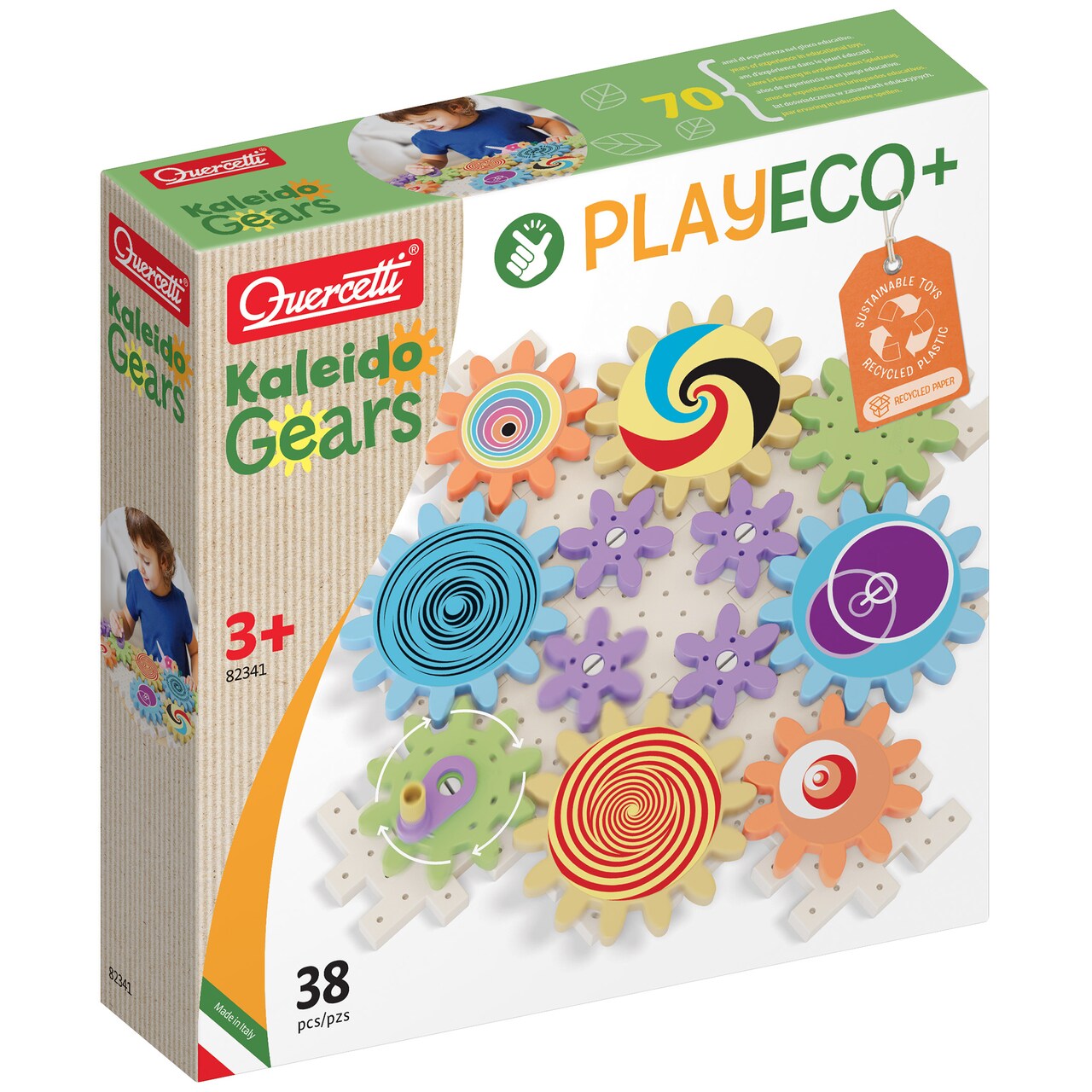 Quercetti: PlayEco+ Kaleido Gears - 38pc Interactive Building Playset, Colorful Gear Plates, Chain Reactions Construction Toy, STEM Activity, Kids 3+